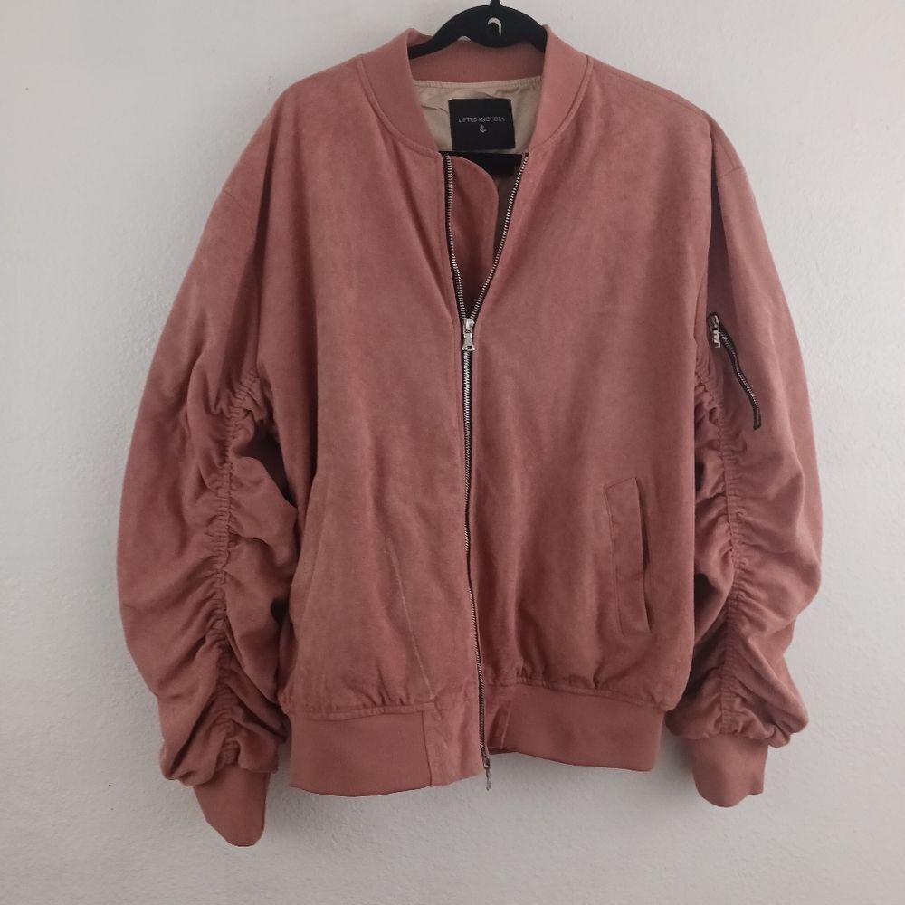 Lifted Anchor Suede ruched sleeves zipper on back pink  bomber jacket size XL